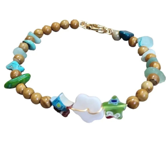 Lampwork Beads Glass Loose Spacer Beads Flat Flower Star Picture Jasper Bracelet - Picture 1 of 5